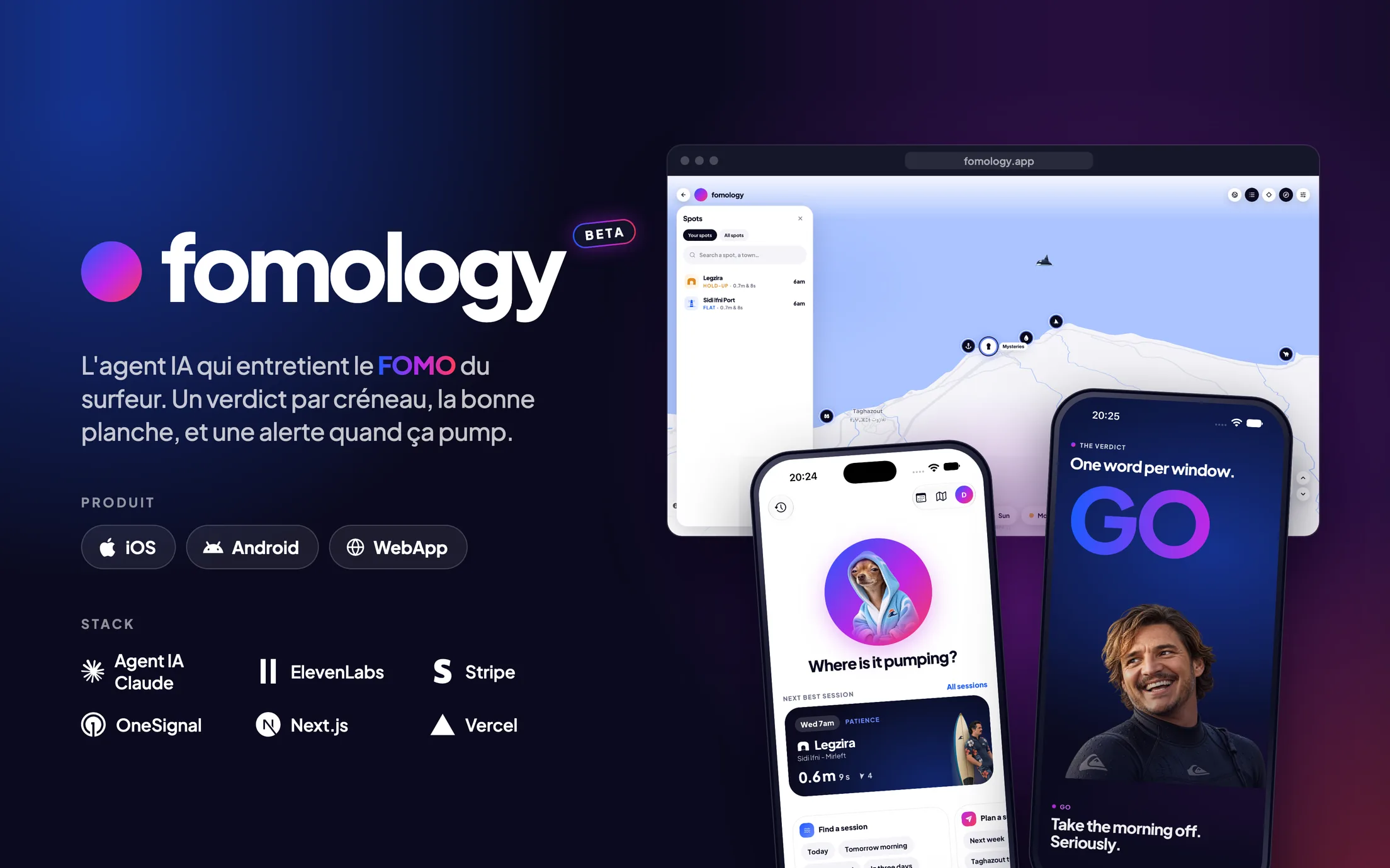 Présentation de Fomology, « L'agent IA qui entretient le FOMO du surfeur », avec la web app et sa carte des spots dans un navigateur, et deux écrans de l'application : la prochaine meilleure session et le verdict « GO ».