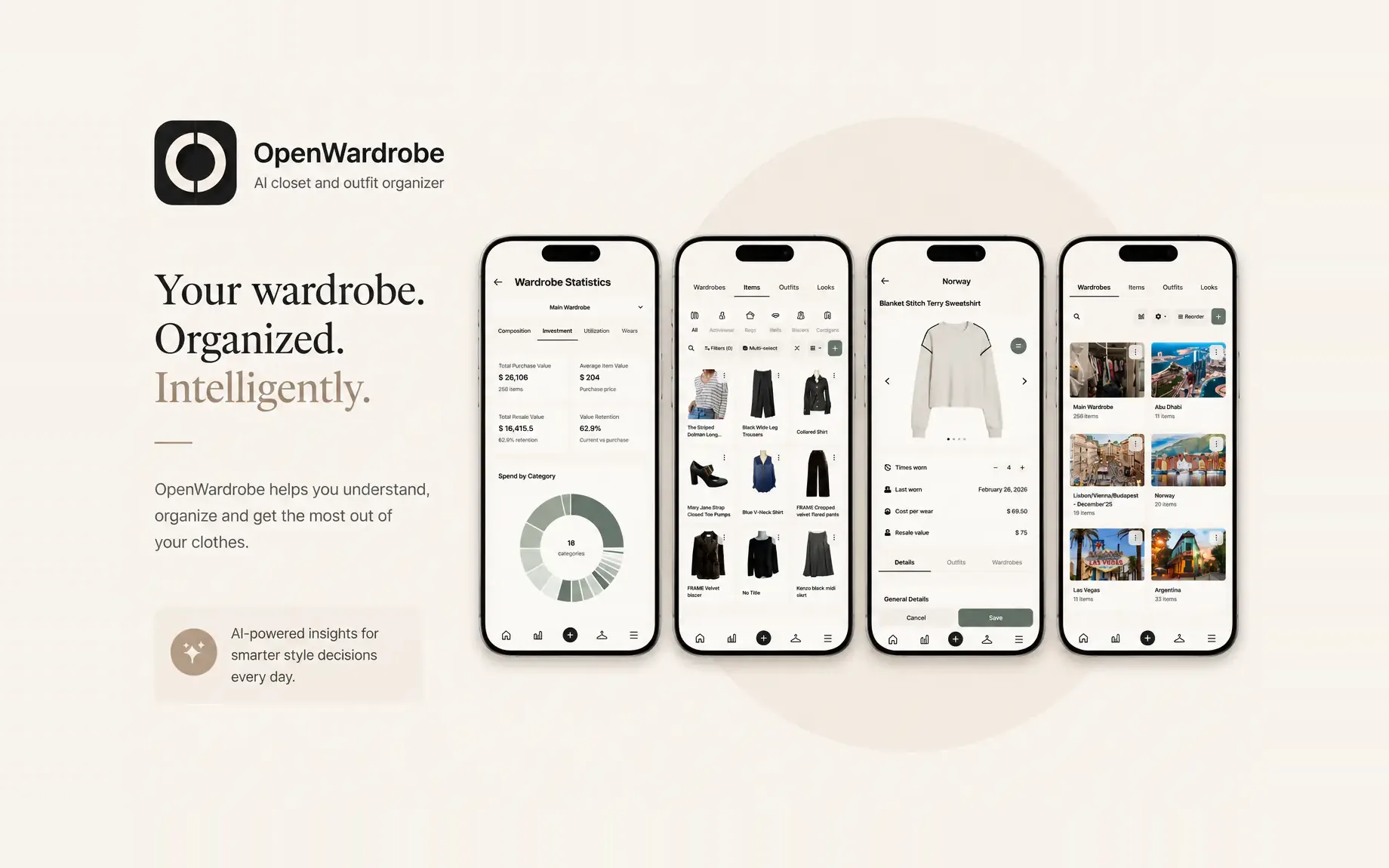 Présentation d'OpenWardrobe, « Your wardrobe. Organized. Intelligently. », avec quatre écrans de l'application : statistiques, garde-robe, fiche d'un vêtement, collections.