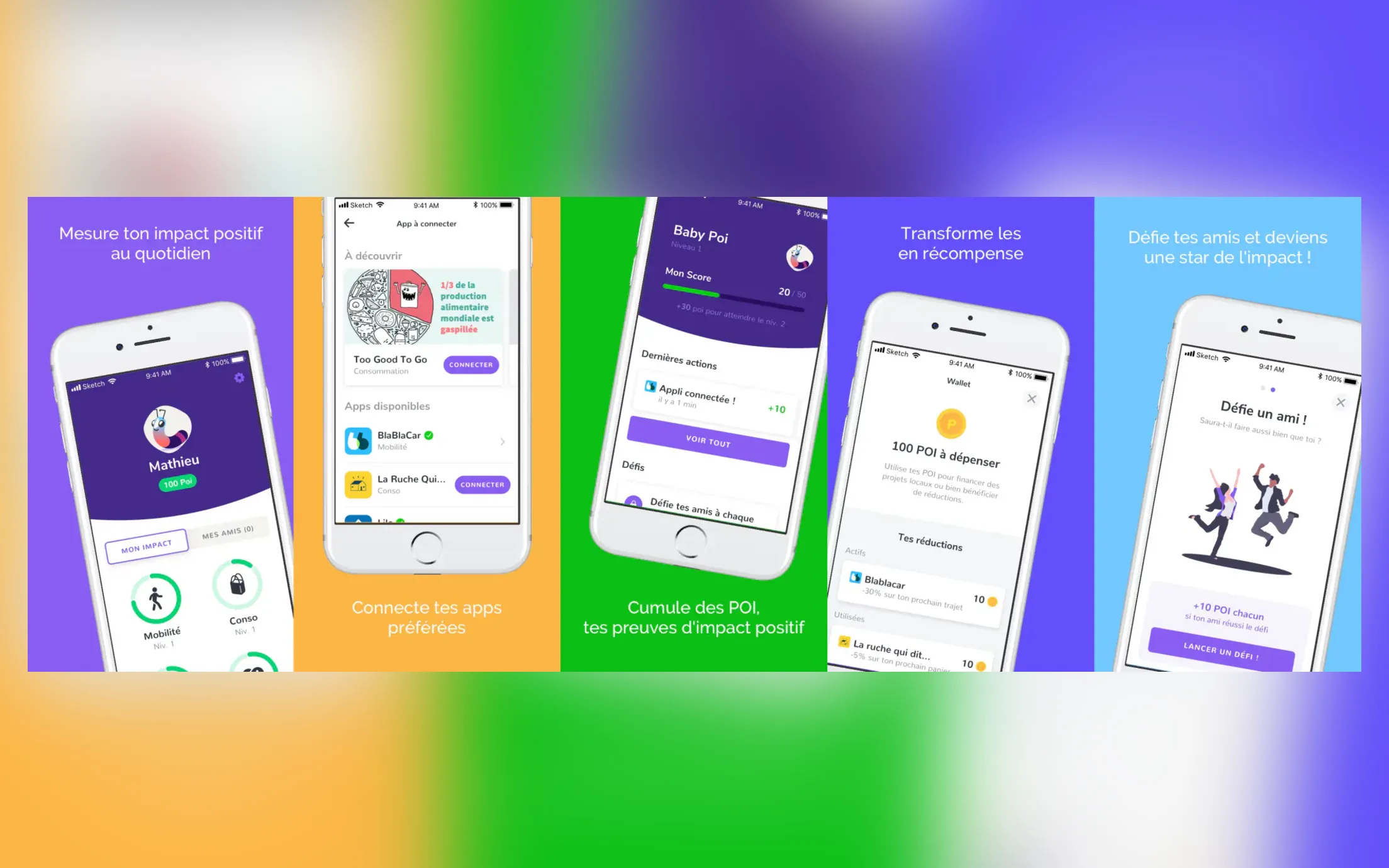 Captures de l'application Poi : mesure de l'impact positif au quotidien, preuves d'impact et récompenses.